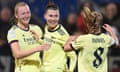 Arsenal’s Steph Catley (centre) is congratulated after breaking the deadlock against HB Køge