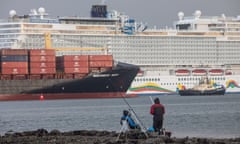 A container ship leaves Southampton harbour