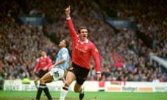 Eric Cantona celebrates scoring for Man Utd in the Premier League’s first season