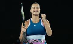 Aryna Sabalenka celebrates after victory against Magda Linette in straight sets.