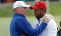 Thomas Bjørn consoles Tiger Woods after the American lost his singles match with Jon Rahm to end the 2018 Ryder Cup with no points.