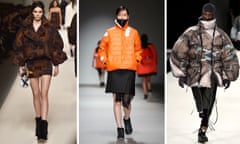 Models wearing puffer jackets at catwalk shows in 2015.