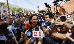 Venezuelan opposition leader María Corina Machado speaks to press after voting during the presidential elections in Caracas, Venezuela