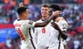 England’s Bukayo Saka celebrates scoring their fourth goal.