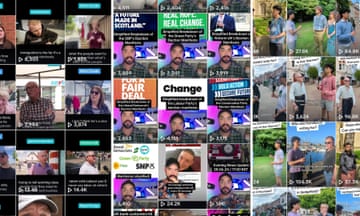 composite image of screenshots from TikTok, showing vox pops and captioned images of presenters talking about politics