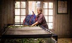 Woman works indoors at counter with tea leaves