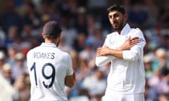 Shoaib Bashir (right) celebrates with Chris Woakes after taking the wicket of Alick Athanaze.