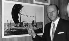 Norwegian explorer and anthropologist Thor Heyerdahl points to a photo of himself on board a papyrus-reed raft which he used on his “Ra Expeditions,” November 1970.