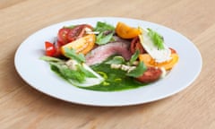 Nuno Mendez cooks recipes at home in his kitchen in east London for G2 Seared beef salad with basil and coriander purée and roasted peanuts, heirloom tomatoes, basil and dill