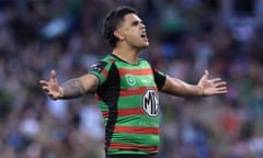 Latrell Mitchell of Souths looks to the Souths fans after converting a try from the sideline during the NRL Elimination Final match between the Sydney Roosters and the South Sydney Rabbitohs at Allianz Stadium in Sydney, Sunday, September 11, 2022. (AAP Image/Mark Evans) NO ARCHIVING, EDITORIAL USE ONLY