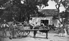 A photo showing a group of African American slaves at the Cassina Point plantation of James Hopkinson on Edisto Island, South Carolina.