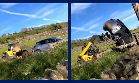 Farmer uses forklift tractor to push and flip car off his land – video