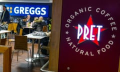 A Pret a Manger sign next to a branch of Greggs bakery