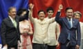 Ferdinand Marcos Jr (right) is proclaimed president-elect alongside senate president Vicente Sotto III, left, as Imelda and Imee Marcos look on.