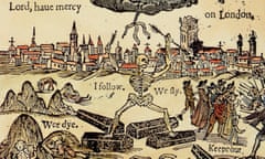 Triumphant Death chases Londoners from their city, but country folk (right), fearful of disease, drive them back. The picture is the title artwork from a 17th century pamphlet on the effects of the plague on London. This pamphlet, A Rod for Run-awayes, by<br>G14Y2N Triumphant Death chases Londoners from their city, but country folk (right), fearful of disease, drive them back. The picture is the title artwork from a 17th century pamphlet on the effects of the plague on London. This pamphlet, A Rod for Run-awayes, by