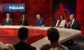 Q&amp;A panellists listen as Liberal senator Eric Abetz responds to a question on the Liberal loss in Victoria