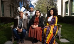 Cacique Bayara (L) Marcelo Krenak (2nd left) Greens senator Dorinda Cox (2nd right) Tathiele and Monic Estevão at Parliament House, Canberra. Wednesday 13th September 2023. Photograph by Mike Bowers. Guardian Australia.