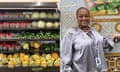 side-by-side photo of rows of produce and a portrait of a woman