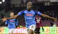 Victor Osimhen celebrates after scoring Napoli’s second goal in their win over Salernitana.