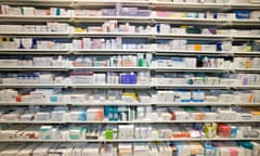 Display of pharmacy shelving in UK pharmacy