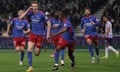 Jake O’Brien celebrates after scoring for Lyon against Toulouse