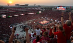 Volleyball fans do the wave during a break in the action during a college volleyball match between Omaha and Nebraska at Memorial Stadium on Wednesday, Aug. 30, 2023, in Lincoln, Neb. (Kenneth Ferriera/Lincoln Journal Star via AP)