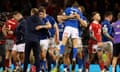 Italy players celebrate their Six Nations victory against Wales in Cardiff.