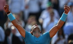 Rafael Nadal celebrates after his straight sets victory over Juan Martin Del Potro .