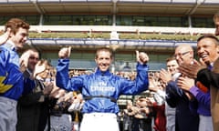 Jim Crowley walks out to receive the champion jockey trophy at Ascot in October.