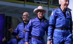 Jeff Bezos’ Blue Origin New Shepard Space Vehicle Flies The Billionaire And Other Passengers To Space<br>VAN HORN, TEXAS - JULY 20: Blue Origin’s New Shepard crew (L-R) Oliver Daemen (hidden), Mark Bezos, Jeff Bezos, and Wally Funk arrive for a press conference after flying into space in the Blue Origin New Shepard rocket on July 20, 2021 in Van Horn, Texas. Mr. Bezos and the crew were the first human spaceflight for the company. (Photo by Joe Raedle/Getty Images)