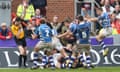 Gloucester Rugby v Newport Gwent Dragons -European Rugby Challenge Cup Quarter final<br>GLOUCESTER, ENGLAND - APRIL 9:   Newport Gwent Dragons players celebrate as Charlie Davies scores the winning try against Gloucester Rugby during the European Rugby Challenge Cup match between Gloucester Rugby and Newport Gwent Dragons at Kingsholm Stadium on April 9, 2016 in Gloucester, United Kingdom.  (Photo by David Jones/Getty Images)