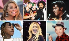 clockwise from top left: Mariah Carey, Major Lazer, Elvis Presley, Bing Crosby, Ellie Goulding and Wiz Khalifa