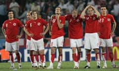 Swiss players react during a penalty shootout of the World Cup Round of 16 soccer match between Switzerland and Ukraine in the World Cup stadium in Cologne, Germany, Monday, June 26, 2006. Ukraine won 3-0 on penalties after the match finished 0-0 following extra time. (AP Photo/Murad Sezer) ** MOBILE/PDA USAGE OUT **