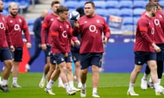 Jamie George (centre) during England’s team run at the Groupama Stadium in Lyon.