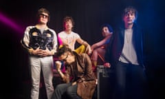 The Strokes. Singer Julian Casablancas (leather coat), guitarists Nick Valensi (black jacket) and Albert Hammond Jr. (yellow trousers), bassist Nikolai Fraiture (white trousers), and drummer Fabrizio Moretti (pink suit). Photo by Linda Nylind. 19/2/2020.