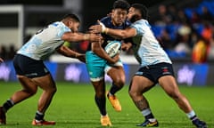 Julian Savea runs forward as Moana Pasifika defeated NSW Waratahs 27-12 in their Super Rugby Pacific clash