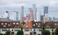 Residential homes in view of the city skyline in Denmark Hill, London