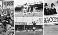 From left; An Oxo advert at the Boleyn Ground in 1930, Villa Park in 1987, Filbert Street in 1974 and St James' Park in 1981.