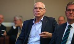 Liberal Party Room<br>Outgoing NSW Senator Jim Molan watches Prime Minister Scott Morrison address the Liberal Party Room in Parliament House, Canberra this morning. Tuesday 28th May 2019. Photograph by Mike Bowers. Guardian Australia.