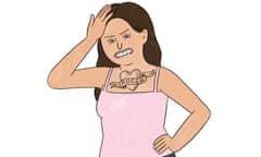 A cartoon of a woman with a big heart tattoo on her chest saying 'ROGER'. The woman is gnashing her teeth.