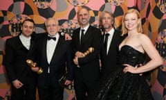 Jesse Armstrong, centre, with Succession cast members at the Golden Globes in 2020.