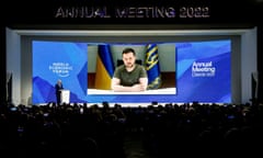 Ukraine’s president, Volodymyr Zelenskiy, addresses the World Economic Forum in Davos.