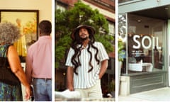three side by side photos. at left: two people looking at a photograph of a woman next to flowers. center: man standing in front of tree. Right: exterior of storefront that says "SOIL"