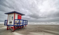 A lifeguard hut looks out to the ocean as Tropical Storm Nicole makes its presence felt on Wednesday.