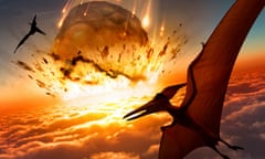 Artwork of flying reptiles near a large asteroid that has entered the Earth's atmosphere.