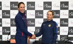 Johanna Konta and Yulia Putintseva shake hands at the Copper Box Arena. The Kazakh player knocked Konta out of the French Open in 2018.