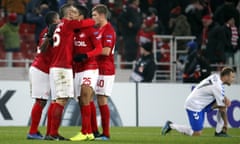 Spartak Moscow players celebrate their 4-3 win against Rangers in Russia.