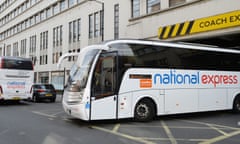 National Express coaches leaving Victoria Coach Station, in central London. 