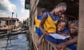 Makoko, Lagos. Pupils at one of the overstretched primary schools in Makoko.Education is a big problem in makoko as there are only two primary school and they are being overstretched. Makoko is an informal settlement of an estimated population of 85, 840 located along the “3rd mainland bridge” Lagoon in Lagos. It was established in the 18th century by immigrants from Benin republic and Badagry, a border town of Lagos. Fishing as the predominate occupation of the inhabitants.