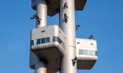 Prague, Czech Republic - 5 September 2022: Miminka (Babies) from artist David Cerny crawling on Zizkov Television Tower<br>2KJ7C9C Prague, Czech Republic - 5 September 2022: Miminka (Babies) from artist David Cerny crawling on Zizkov Television Tower